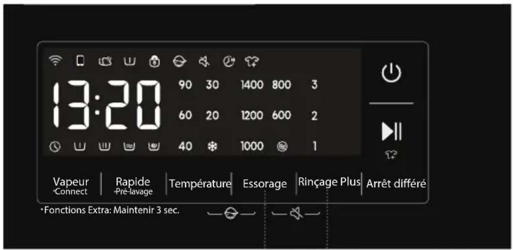 13:20 90 30 1400 800 3 60 20 1200 600 2 40 * 1000 1 Vapeur | Rapide | Température | Essorage | Rinçage Plus | Arrêt différé *Connect -Pré-lavage | Arrêt différé *Fonctions Extra: Maintenir 3 sec.