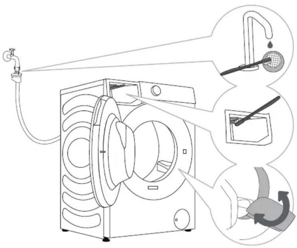 HISENSE WF3S8043BB3 - NETTOYAGE DU TUYAU D'ALIMENTATION EN EAU, DU LOGEMENT DU DISTRIBUTEUR DE LESSIVE ET DU JOINT DE PORTE EN CAOUTCHOUC - 1