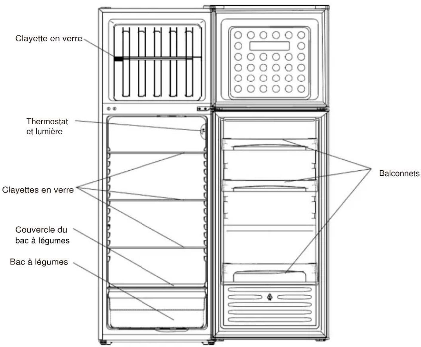 Clayette en verre Thermostat et lumière Clayettes en verre Couvercle du bac à légumes Bac à légumes Balconnets