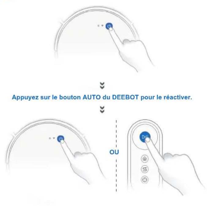 Appuyez sur le bouton AUTO du DEEBOT pour le réactiver. OU