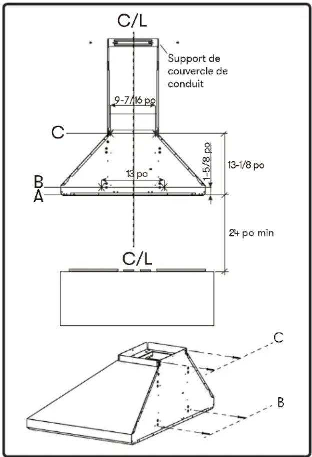 C/L Support de couvercle de conduit 9-7/16 po 13 po 1-5/8 po 13-1/8 po 24 po min C/L B A