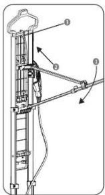 Technical diagram of a mechanical device with labeled components and directional arrows indicating assembly or movement.