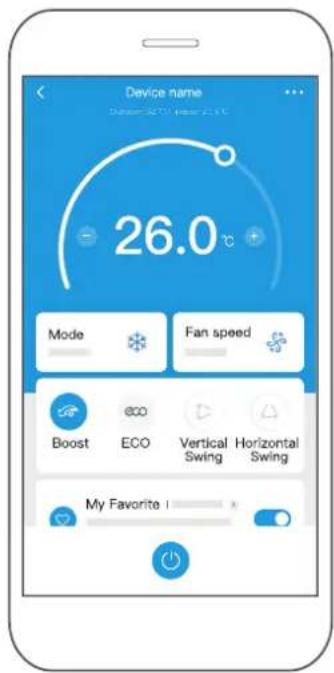 Device name 26.0 °C Mode Fan speed Boost eco ECO Vertical Swing Horizontal Swing My Favorite