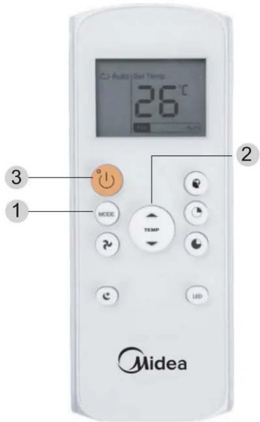 Auto / Bell Temp. 26°C Midea MODE TEMP LED 1 2 3