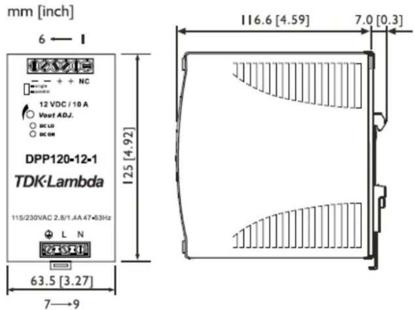 mm [inch] 6 ← 1 DPP120-12-1 TDK·Lambda 115/230VAC 2.8/1.4A 47+63Hz L N 63.5 [3.27] 7→9 125 [4.92] 116.6 [4.59] 7.0 [0.3]