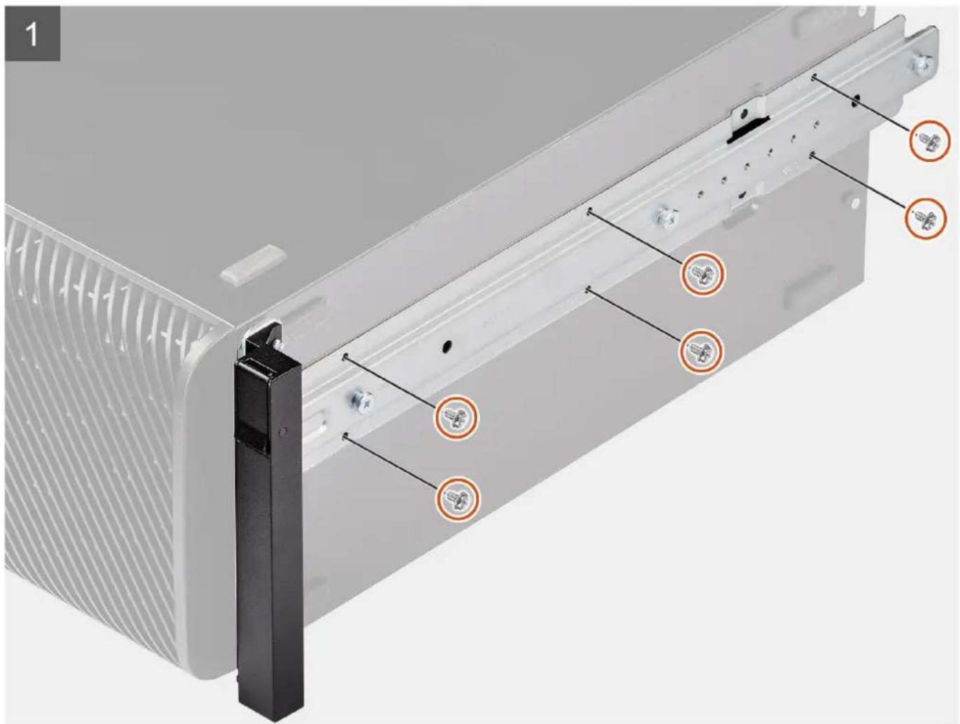 Technical diagram of a server rack with labeled components and mounting points, showing structural details and mounting features.