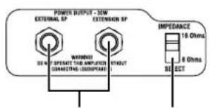 POWER OUTPUT - 30W EXTERNAL SP 60 Ω MABRIMS 10Ω PULSE TUB AMPLIPT CONNECTIVE COMPEAR EXTOUT IMPEDANCE 16 Ohms 8 Ohms SELECT