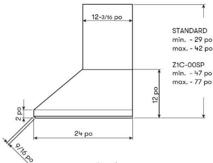 12-3/16 po STANDARD min. - 29 po max. - 42 po Z1C-00SP min. - 47 po max. - 77 po 12 po 2 po 24 po 9/16 po