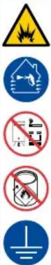 Four safety symbols: warning triangle, hazard symbol, electrical hazard symbol, and circuit hazard symbol.