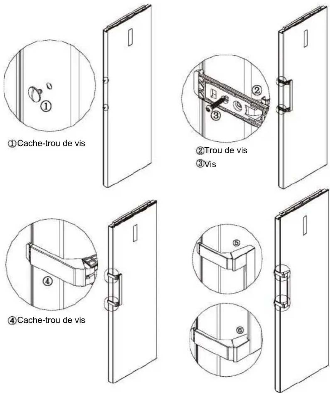 ①Cache-trou de vis ②Trou de vis ③Vis ④Cache-trou de vis