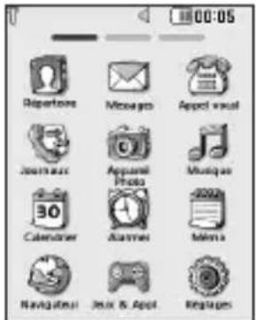 00:05 Repairs Messages Appel video Journals Apparel Photo Music 30 Calendar Alarmer Mens Navigatini Jeux & Appl Images