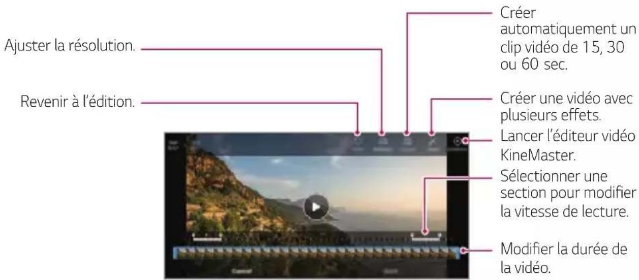 Ajuster la résolution. Revenir à l'édition. Créer automatiquement un clip vidéo de 15, 30 ou 60 sec. Créer une vidéo avec plusieurs effets. Lancer l'éditeur vidéo KineMaster. Sélectionner une section pour modifier la vitesse de lecture. Modifier la durée de la vidéo.