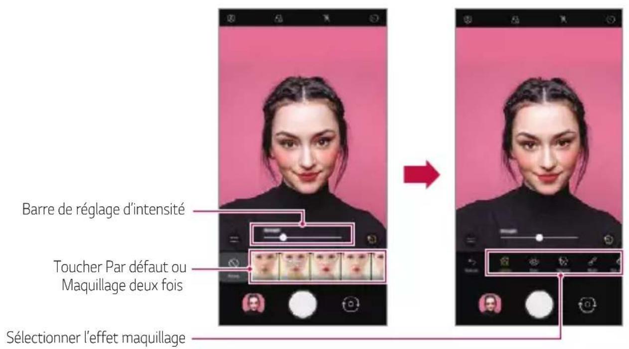 Barre de réglage d'intensité Toucher Par défaut ou Maquillage deux fois Sélectionner l'effet maquillage
