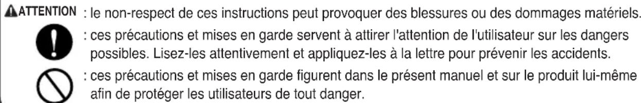 ATTENTION : le non-respect de ces instructions peut provoquer des blessures ou des dommages matériels. ! : ces précautions et mises en garde servent à attirer l'attention de l'utilisateur sur les dangers possibles. Lisez-les attentivement et appliquez-les à la lettre pour prévenir les accidents. ? : ces précautions et mises en garde figurent dans le présent manuel et sur le produit lui-même afin de protéger les utilisateurs de tout danger.
