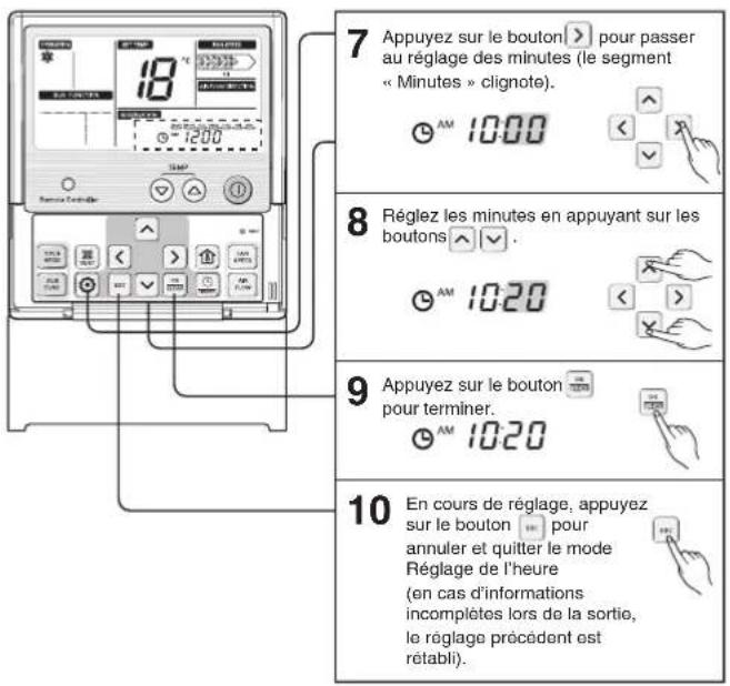 7 Appuyez sur le bouton > pour passer au réglage des minutes (le segment « Minutes » clignote). 8 Réglez les minutes en appuyant sur les boutons ▲ ▼ . 9 Appuyez sur le bouton pour terminer. 10 En cours de réglage, appuyez sur le bouton ▲ pour annuler et quitter le mode Réglage de l'heure (en cas d'informations incomplètes lors de la sortie, le réglage précédent est rétabli).