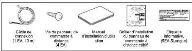 Câble de connexion (1 EA, 10 m) Vis du panneau de commande à distance (4 EA) Manuel d'installation/d'utilisation Boîtier d'installation du panneau de commande à distance câblé Etiquette informative. (5EA-5Langue)