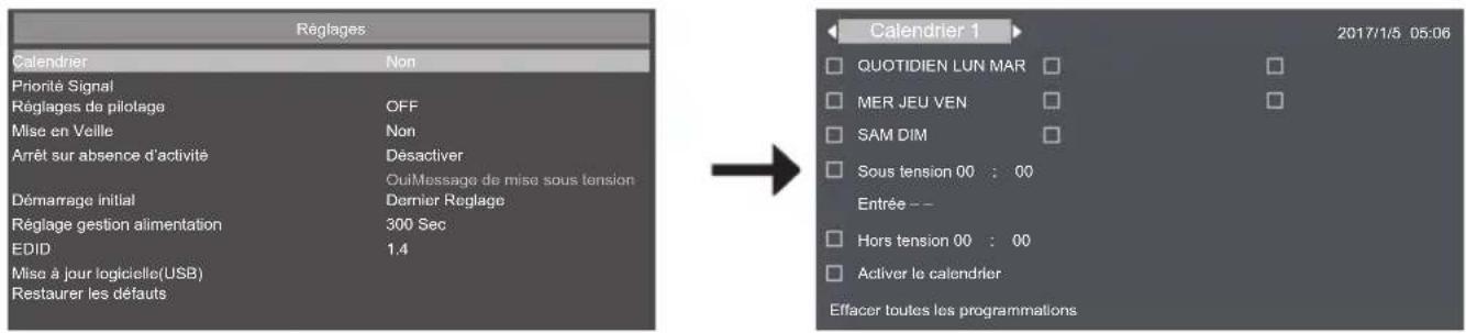 Réglages Calendrier Non Priorité Signal Réglages de pilotage OFF Mise en Veille Non Arrêt sur absence d'activité Désactiver OuiMessage de mise sous tension Démanage Initial Dernier Reglage Réglage gestion alimentation 300 Sec EDID 1.4 Mise à jour logicielle(USB) Restaurer les défauts → Calendrier 1 QUOTIDIEN LUN MAR MER JEU VEN SAM DIM Sous tension 00 : 00 Entrée -- Hors tension 00 : 00 Activer le calendrier Effacer toutes les programmations 2017/1/5 05:06