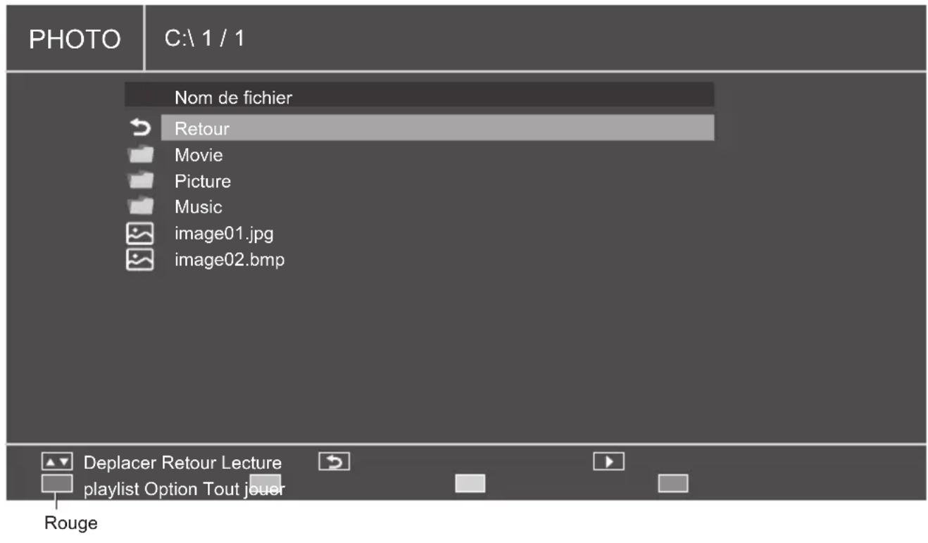 PHOTO C:\ 1 / 1 Nom de fichier Retour Movie Picture Music image01.jpg image02.bmp Deplacer Retour Lecture playlist Option Tout jouer Rouge