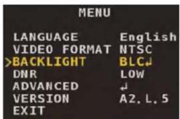 MENU LANGUAGE English VIDEO FORMAT NTSC >BACKLIGHT BLC↓ DNR LOW ADVANCED ↓ VERSION A2. L. 5 EXIT