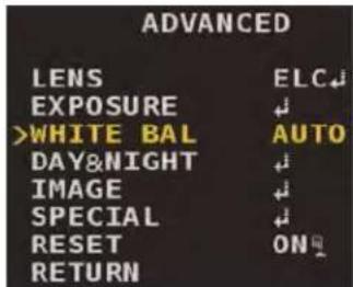 ADVANCED LENS ELC↓ EXPOSURE ↓ >WHITE BAL AUTO DAY&NIGHT ↓ IMAGE ↓ SPECIAL ↓ RESET ON↓ RETURN