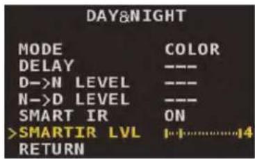 DAY&NIGHT MODE COLOR DELAY --- D->N_LEVEL --- N->D_LEVEL --- SMART_IR_ON >SMARTIR_LVL 14 RETURN