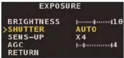 EXPOSURE BRIGHTNESS |10 >SHUTTER AUTO SENS-UP X4 AGC |14 RETURN