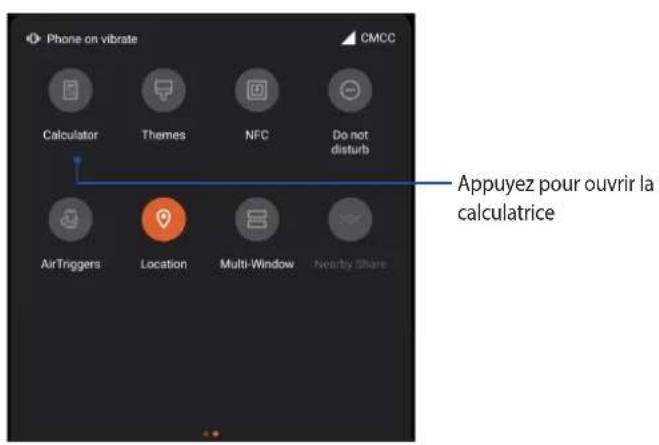 Phone on vibrate CMCC Calculator Themes NFC Do not disturb AirTriggers Location Multi-Window Nearby Share Appuyez pour ouvrir la calculatrice