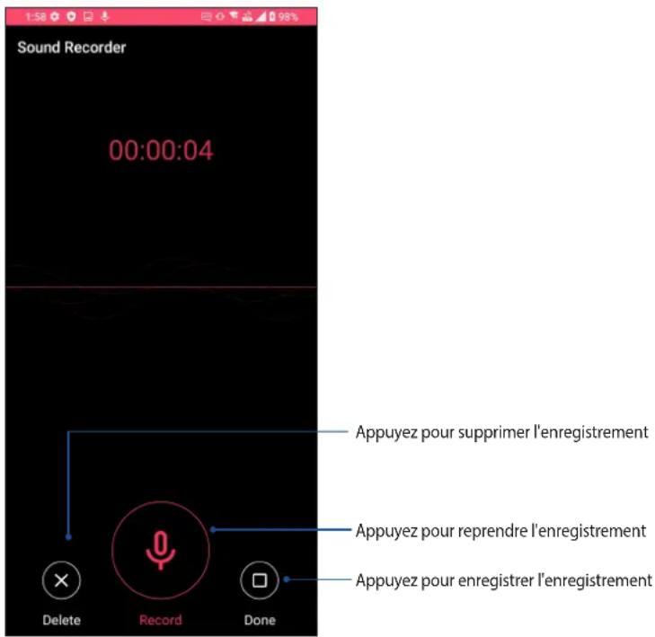 Sound Recorder 00:00:04 Appuyez pour supprimer l'enregistrement Appuyez pour reprendre l'enregistrement Appuyez pour enregistrer l'enregistrement Delete Record Done