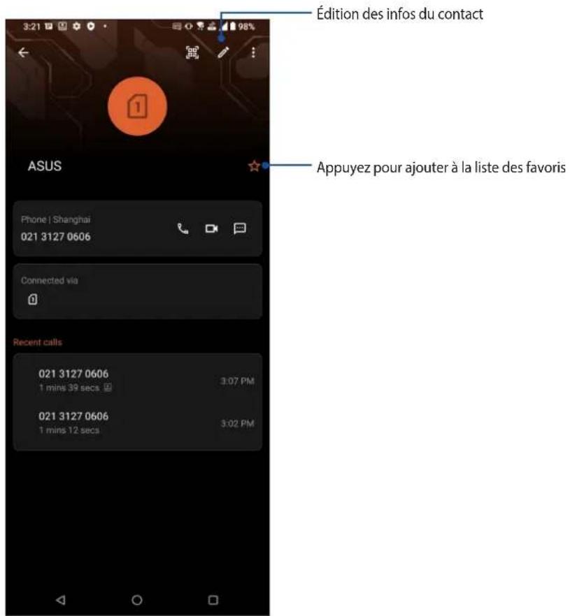 Édition des infos du contact Appuyez pour ajouter à la liste des favoris ASUS Phone | Shanghai 021 3127 0606 Connected via Recent calls 021 3127 0606 1 mins 39 secs 3:07 PM 021 3127 0606 1 mins 12 secs 3:02 PM