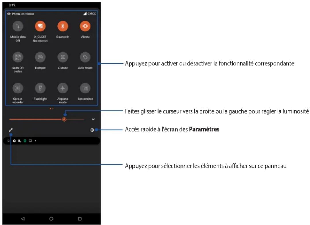 3:19 Phone on vibrate CMCC Mobile data Off X,GUEST No internet Bluetooth Vibrate Scan QR codes Hotspot X Mode Auto-rotate Screen recorder Flashlight Airplane mode Screenshot Appuyez pour activer ou désactiver la fonctionnalité correspondante Faites glisser le curseur vers la droite ou la gauche pour régler la luminosité Accès rapide à l'écran des Paramètres Appuyez pour sélectionner les éléments à afficher sur ce panneau
