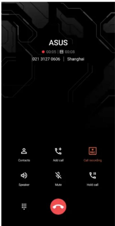ASUS 00:05 | 00:08 021 3127 0606 | Shanghai Contacts Add call Call recording Speaker Mute Hold call