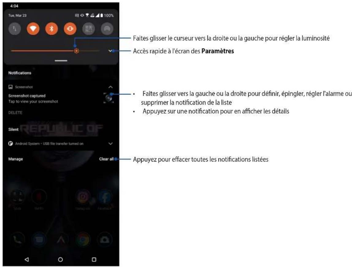 4:04 Tue, Mar 23 100% Faites glisser le curseur vers la droite ou la gauche pour régler la luminosité Accès rapide à l'écran des Paramètres Notifications Screenshot Screenshot captured Tap to view your screenshot DELETE Silent Android System • USB file transfer turned on Manage Clear all Faites glisser vers la gauche ou la droite pour définir, épingler, régler l'alarme ou supprimer la notification de la liste Appuyez sur une notification pour en afficher les détails Appuyez pour effacer toutes les notifications listées