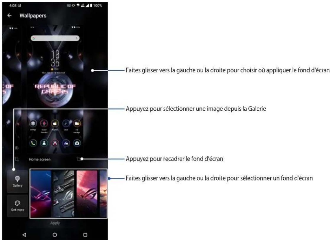 Wallpapers 18 36 Mai Gue 20 New York OFS REPUBLIC OF GAPERS Faites glisser vers la gauche ou la droite pour choisir où appliquer le fond d'écran Appuyez pour sélectionner une image depuis la Galerie Home screen Appuyez pour recadrer le fond d'écran Faites glisser vers la gauche ou la droite pour sélectionner un fond d'écran Gallery Get more Apply