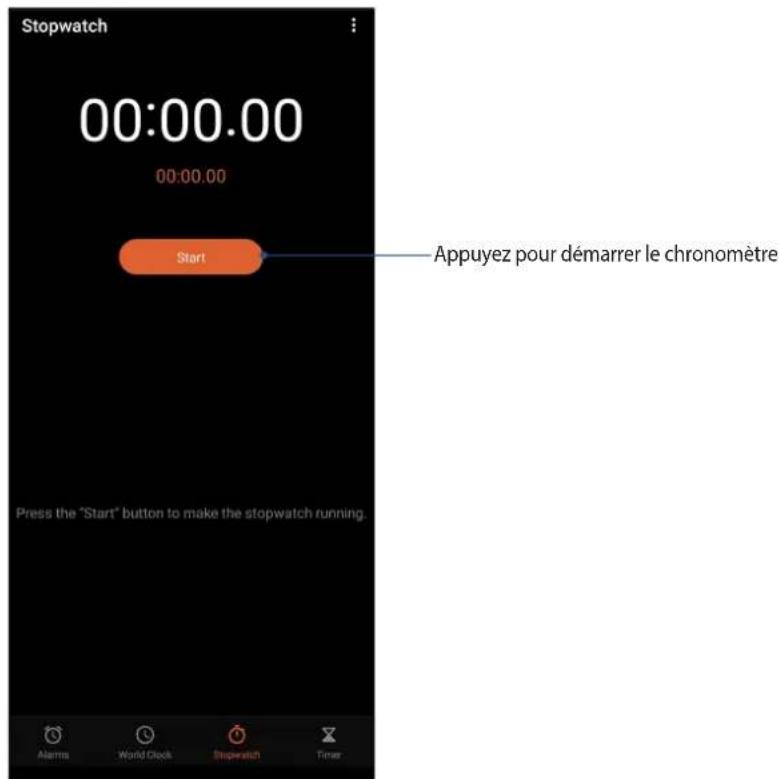Stopwatch 00:00.00 00:00.00 Start Appuyez pour démarrer le chronomètre Press the "Start" button to make the stopwatch running. Alarms World Clock Stipewatch Timer