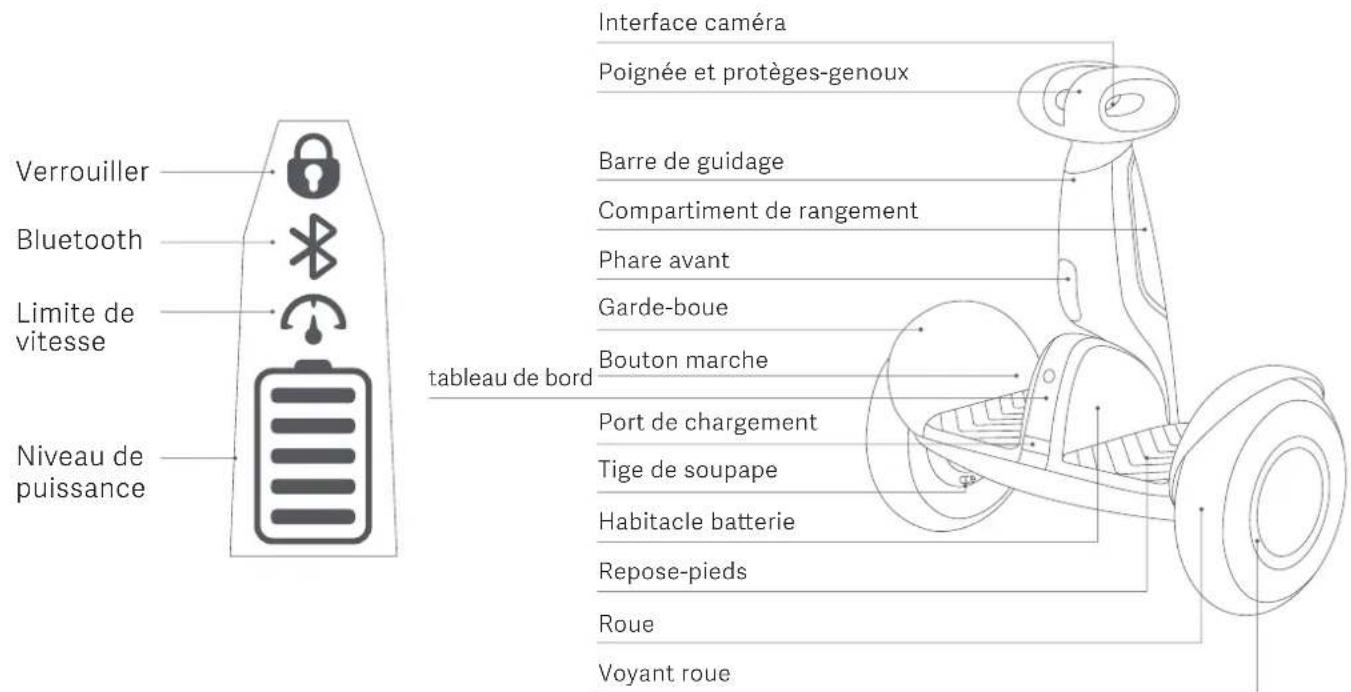 Verrouiller Bluetooth Limite de vitesse Niveau de puissance Interface caméra Poignée et protèges-genoux Barre de guidage Compartiment de rangement Phare avant Garde-boue Bouton marche tableau de bord Port de chargement Tige de soupape Habitacle batterie Repose-pieds Roue Voyant roue