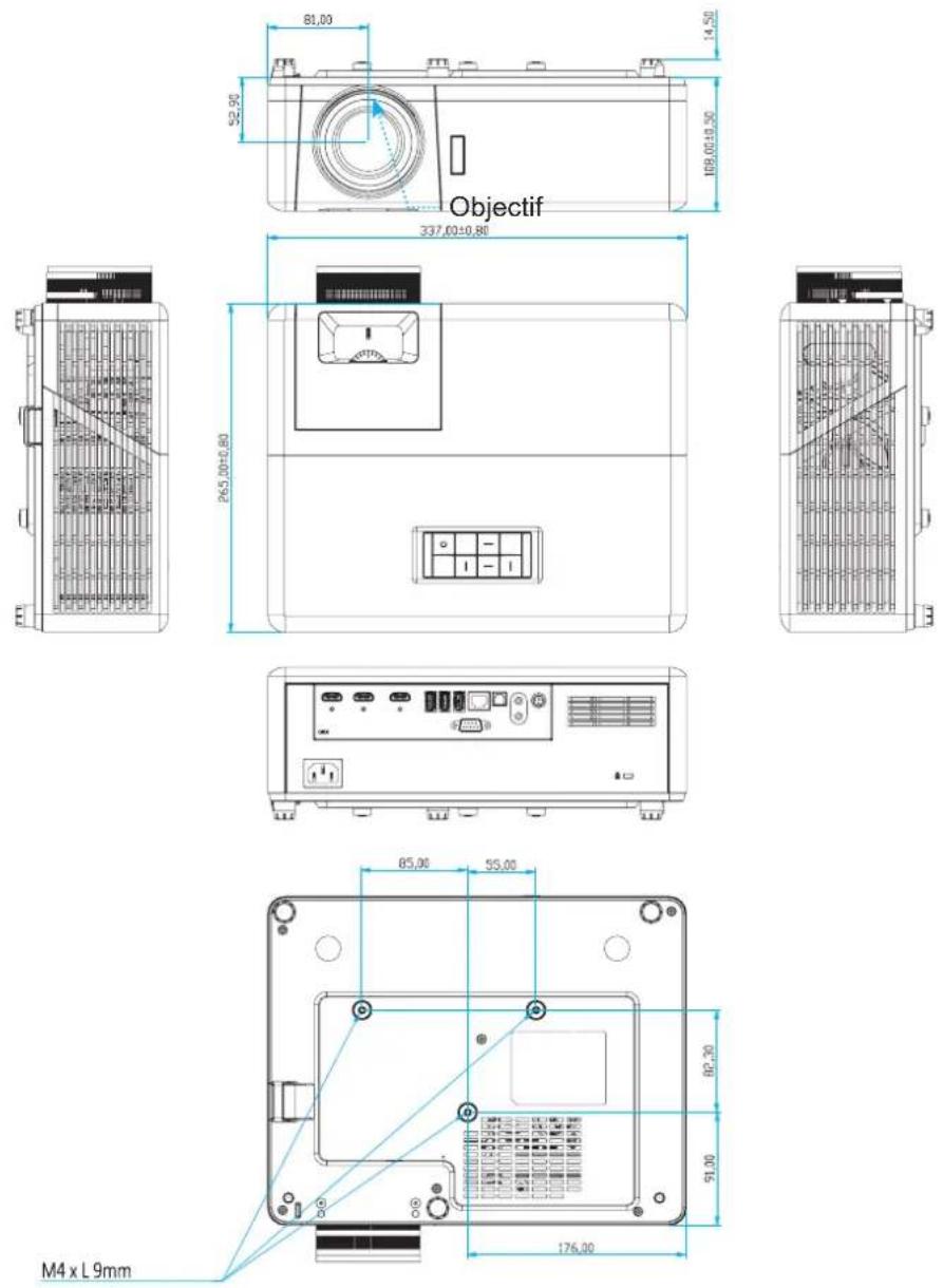 OPTOMA UHZ50 - Dimensions du projecteur et installation au plafond - 1