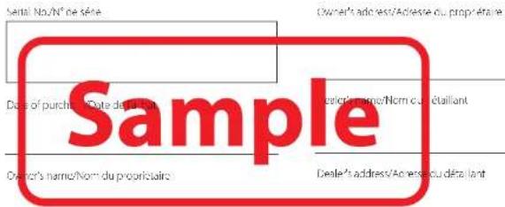 Serial No/N° de série Owner's address/Address du propriétaire Date of purchase Date date : 01.04.2017 Owner's name/Norm du résultat Owner's name/Norm du propriolaire Deale's address/Address du résultat Sample