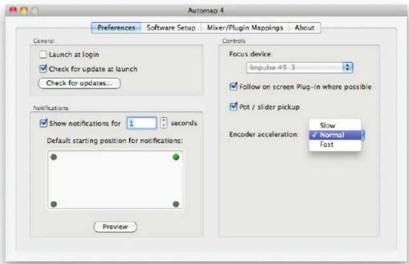 NOVATION Automap - Réglages du matériel : accélération d'encodeur (Encoder acceleration) - 1