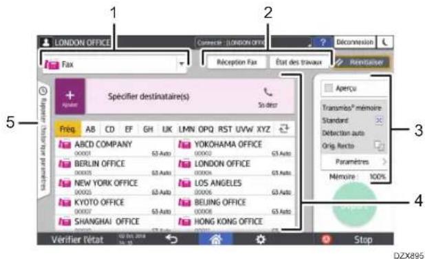 LONDON OFFICE Fax Spéclifier destinataire(s) Frég. AB CD EF GH UK LMN OPQ RST UVW XYZ ABCD COMPANY 00001 63 Auto YOKOHAMA OFFICE 00002 63 Auto BERLIN OFFICE 00005 63 Auto LONDON OFFICE 00006 63 Auto NEW YORK OFFICE 00005 63 Auto LOS ANGELES 00006 63 Auto KYOTO OFFICE 00007 63 Auto BEIJING OFFICE 00008 63 Auto SHANGHAI OFFICE 00012 63 Auto HONG KONG OFFICE Vérifier l'état Stop DZX895 Aperçu Transmis® mémoire Standard Détection auto Orig. Recto Paramètres Mémoire 100%