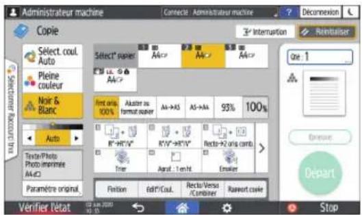 Administrateur machine Connecte - Administrateur machine Déconnexion Copie Select coul. Auto Pleine couleur Noir & Blanc Select* power A4C# A4# A4# First only 100% Auster as format paper A4→A5 A5→A6 93% 100% R'→H'V' R'V'→K'V' Rects→2 oris contrib. > Frier April 1-ten-l Enabler Portion Edit*Paul. Rects/Versa /Combined Rawort code Verifier Retat 02 Jun 2020 Stop