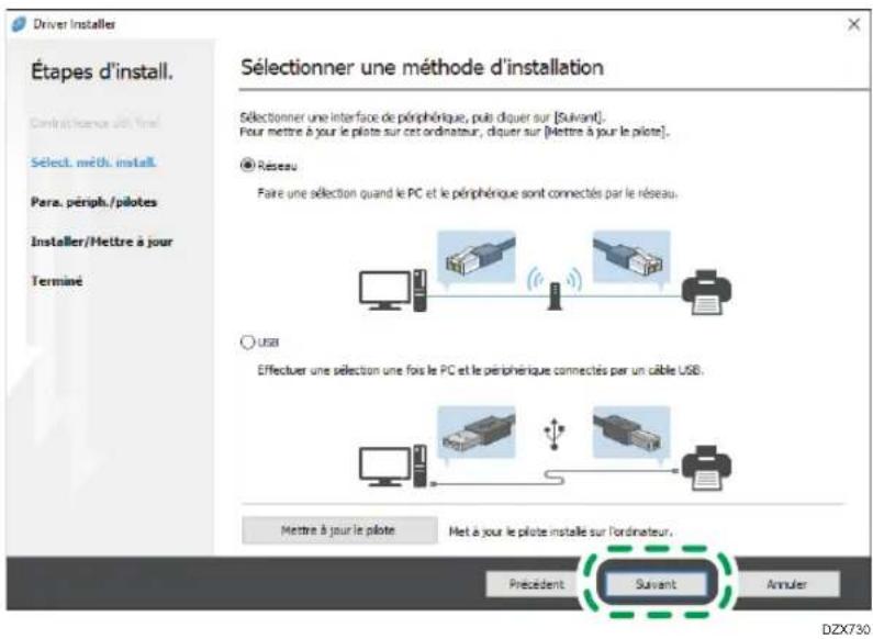 Driver Installer Étapes d'install. Contrat lence au final Select. mét. install. Para. périph./pilotes Installer/Mettre à jour Terminé Sélectionner une méthode d'installation Sélectionner une interface de périphérique, puis diquer sur [Suivant]. Pour mettre à jour le plote sur cet ordinateur, diquer sur [Mettre à jour le plote]. ● Réseau Faire une sélection quand le PC et le périphérique sont connectés par le réseau. ○ User Effectuer une sélection une fois le PC et le périphérique connectés par un câble USB. ● Mette à jour le plote Met à jour le plote installé sur l'ordinateur. Précédent Suivant Annuler DZX730