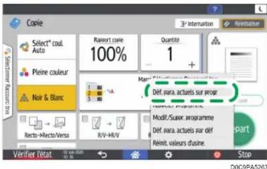 Copie Sélect® coul. Auto Pleine couleur Noir & Blanc Recto->Recto/Verso Rapport code: 100% Quantité: 1 + Mmp: Déf, para actuels sur progr Modif/Super, programme Déf, para actuels par déf Réinit, valeurs d'usine. Stop Verifier l'état 12 mars 2020 10.16 DOC9FA5263