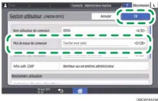 Gestion utilisateur : LONDON OFFICE Annuler OK Nom utilisateur de connexion 0004 <4/32> Mot de rasse de connexion Toucher pour saisir <0/128> Infos auth LDAP Identique aux paramètres administrateur Restreindre utilisation 30 A## 2013 16:52 D0C9PA5256