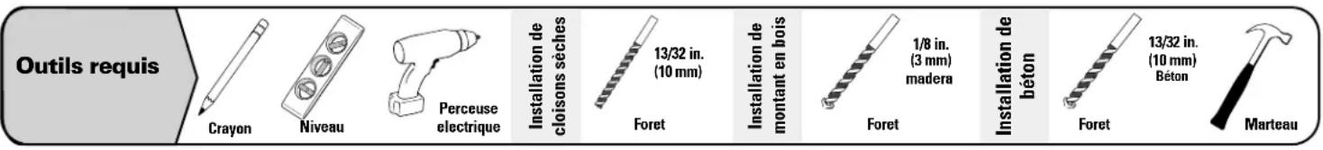 Outils requis Crayon Niveau Perceuse électrique Installation de cloisons sèches 13/32 in. (10 mm) Foret Installation de montant en bois 1/8 in. (3 mm) madera Foret Installation de bêton Foret 13/32 in. (10 mm) Béton Marteau