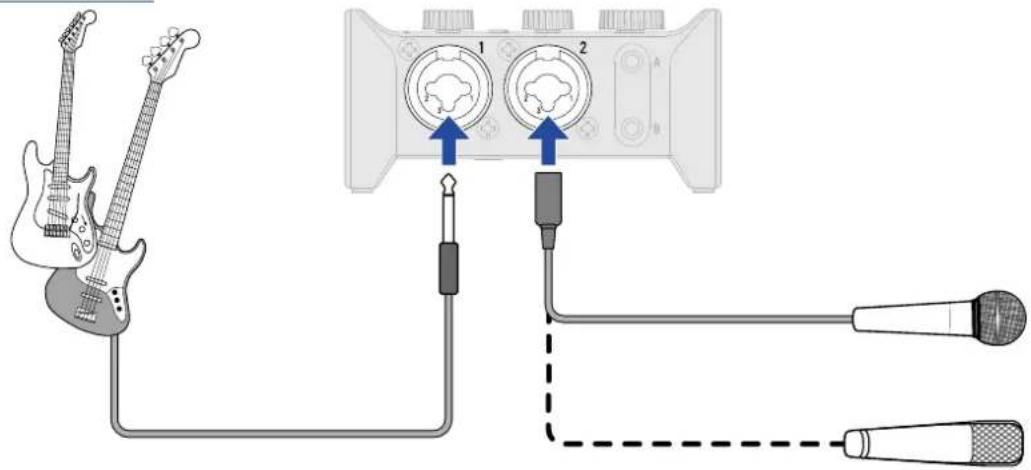 ZOOM AMS-22 - Branchez le micro et l'instrument et réglez les commutateurs. (→ Branchement d'instruments, Branchement de micros) - 1