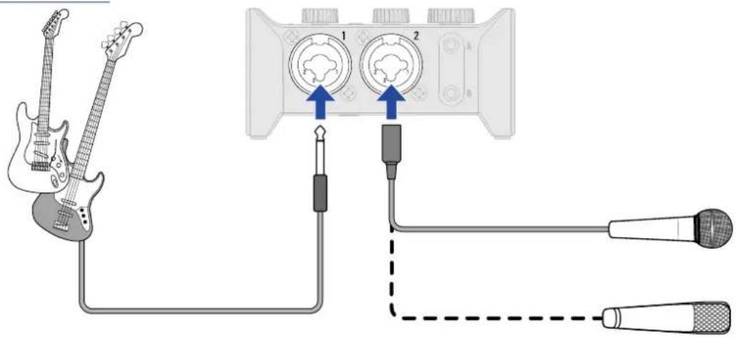 ZOOM AMS-22 - Branchez le micro et l'instrument et réglez les commutateurs. (→ Branchement d'instruments, Branchement de micros) - 1
