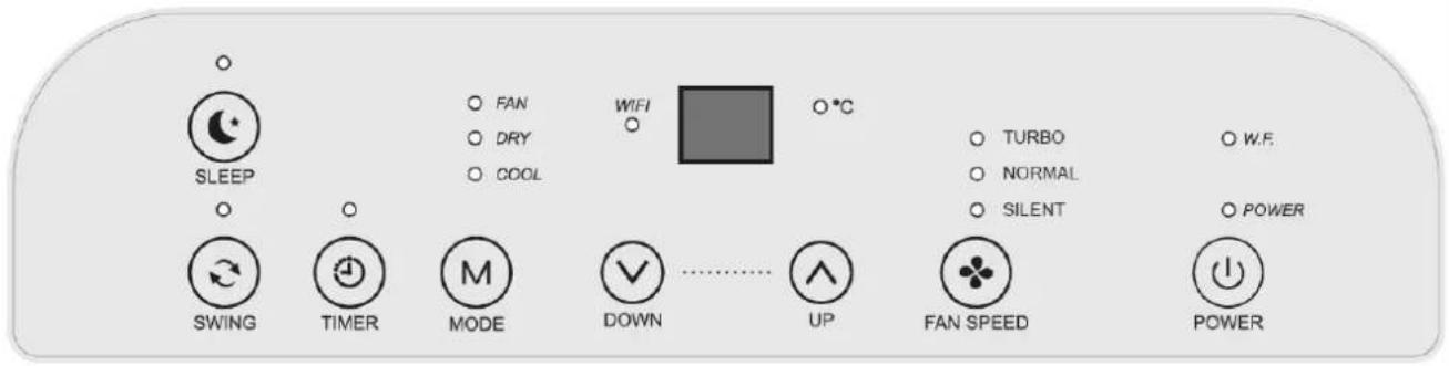 SLEEP SWING TIMER MODE DOWN UP FAN SPEED POWER FAN DRY COOL WIFI °C TURBO NORMAL SILENT W.F. POWER