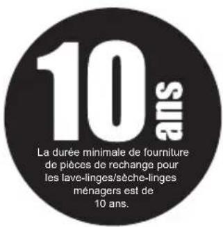 10 ans. La durée minimale de fourniture de pièces de rechange pour les lave-linges/sèche-linges ménagers est de 10 ans.