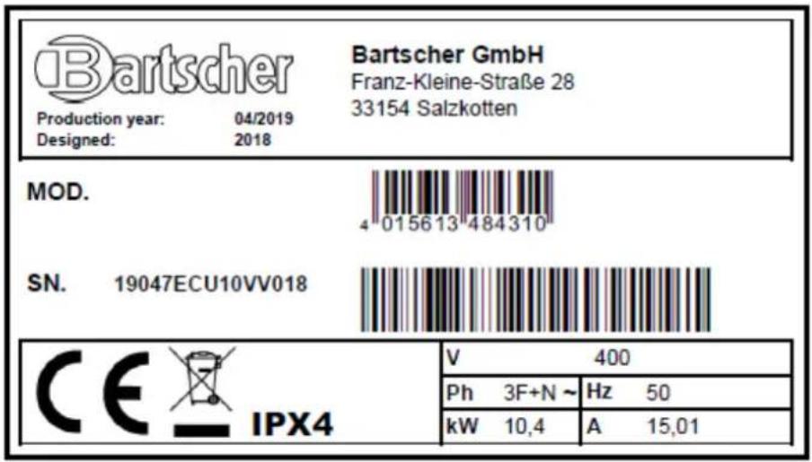 BARTSCHER 286921 - TYPENSCHILD \ PLAQUES DES CARACTERISTIQUES TECHNIQUES \ DATA PLATE - 1