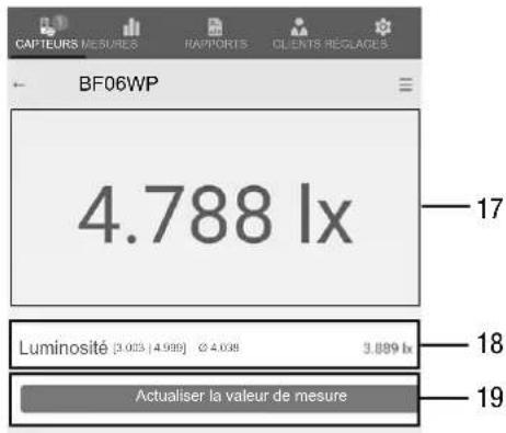 CAPTEURS MESES RAPPORTS CLIENTS REGLAGES BF06WP 4.788 lx 17 Luminosité [3.023 | 4.999] Ⓞ 4.038 3.889 lx 18 Actualiser la valeur de mesure 19